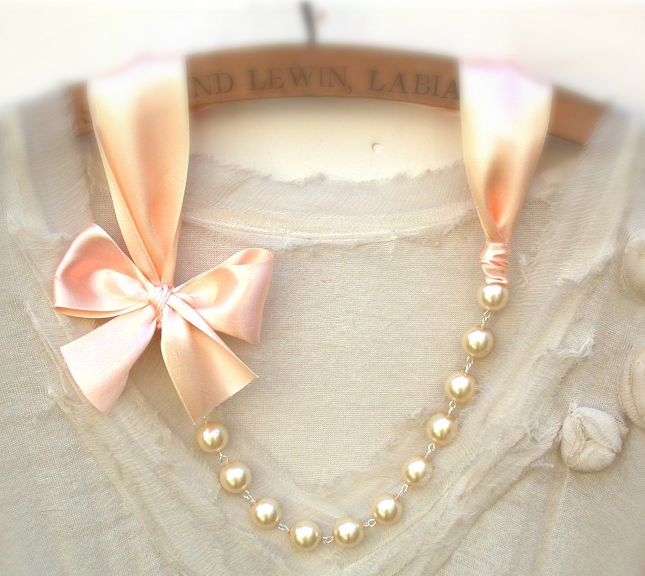 Peach Necklace Carrie Bradshaw  Inspired Pearl Necklace - Antique Light Peach Color Satin Ribbons. Perfect For  Bride, Wedding, Bridesmaids