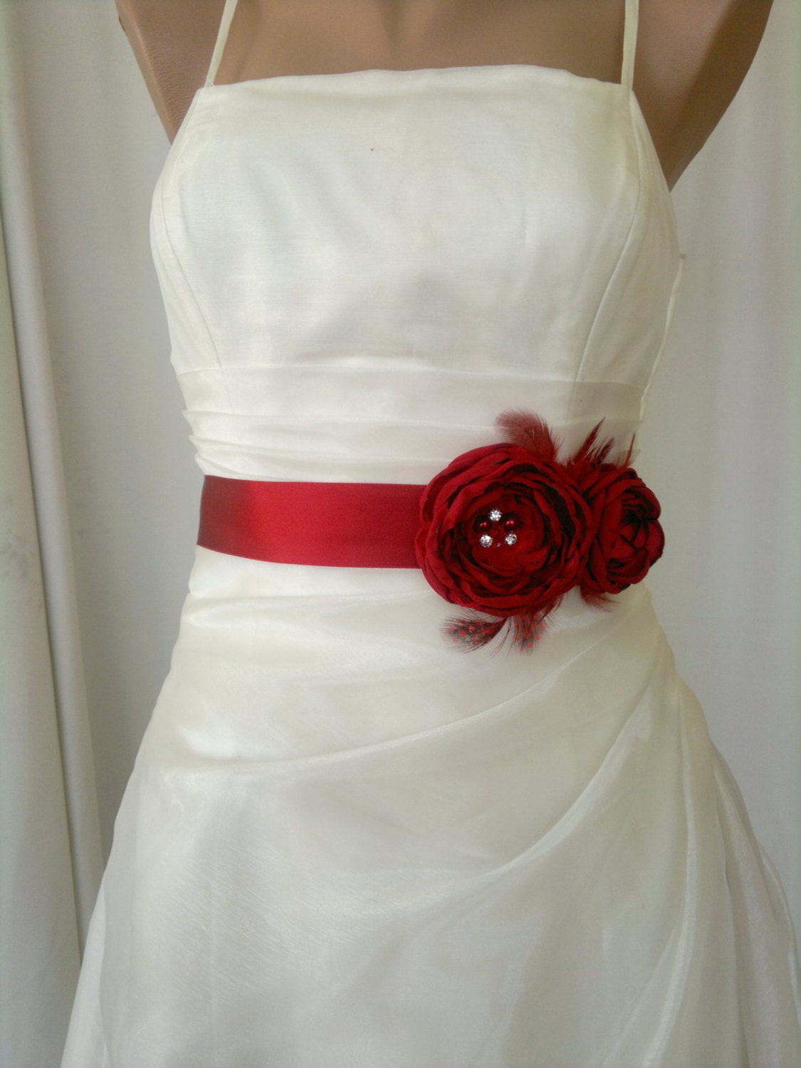 Handcraft Crimson Red Two Flowers With Feathers Wedding Bridal Sash Belt