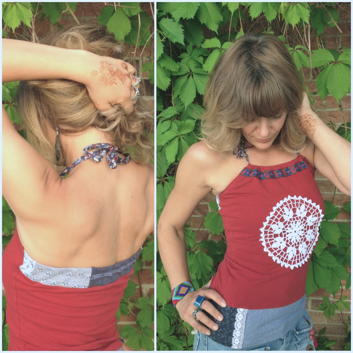 Eco Halter Shirt, size S/M, upcycled, festival clothing, vintage necktie ties, red and navy mix, mandala doily appliqué , by Zasra