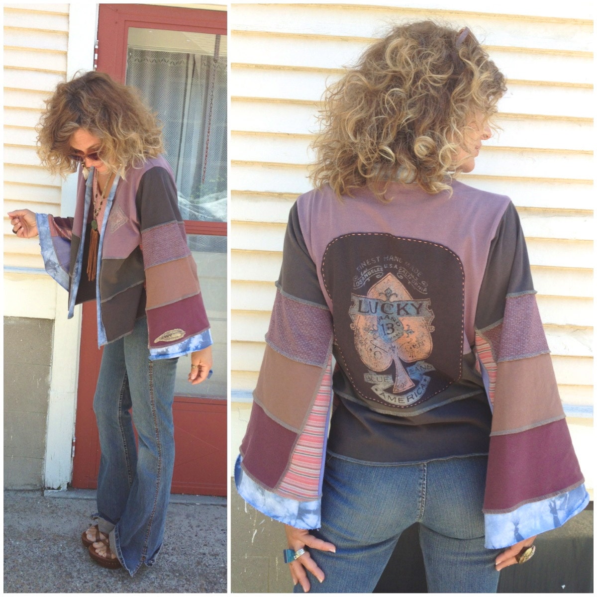Eco cropped Wrap Jacket, fit size S to L, eco clothing,boho, festival,hippie,  muted plum and gray mix, lucky spade applique , Zasra