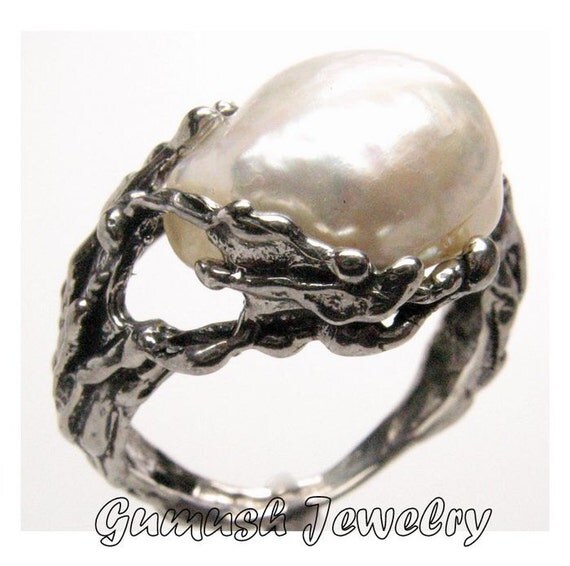 Pearl Engagement Ring, White Pearl Ring, Gumush STALAGMITE Ring, 925 Sterling Silver Ring, Pearl Rings, Size 10 Custom