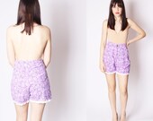 Highwaist Purple Floral Eyelet Lace Trim Denim 90s Soft Grunge / Floral Denim / Purple Flower Jean Shorts / 90s Flower Shorts / 2244