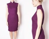 Vintage Mod Aubergine Eggplant Purple Cheongsam Asian Mandarin Collar Wool Chinese Wiggle Dress / 1960s Fashion / Asian / Dress /  1695