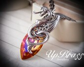 Sardonyx--Swarovski X-large astral pink crystal,aged silver brass winged snake necklace