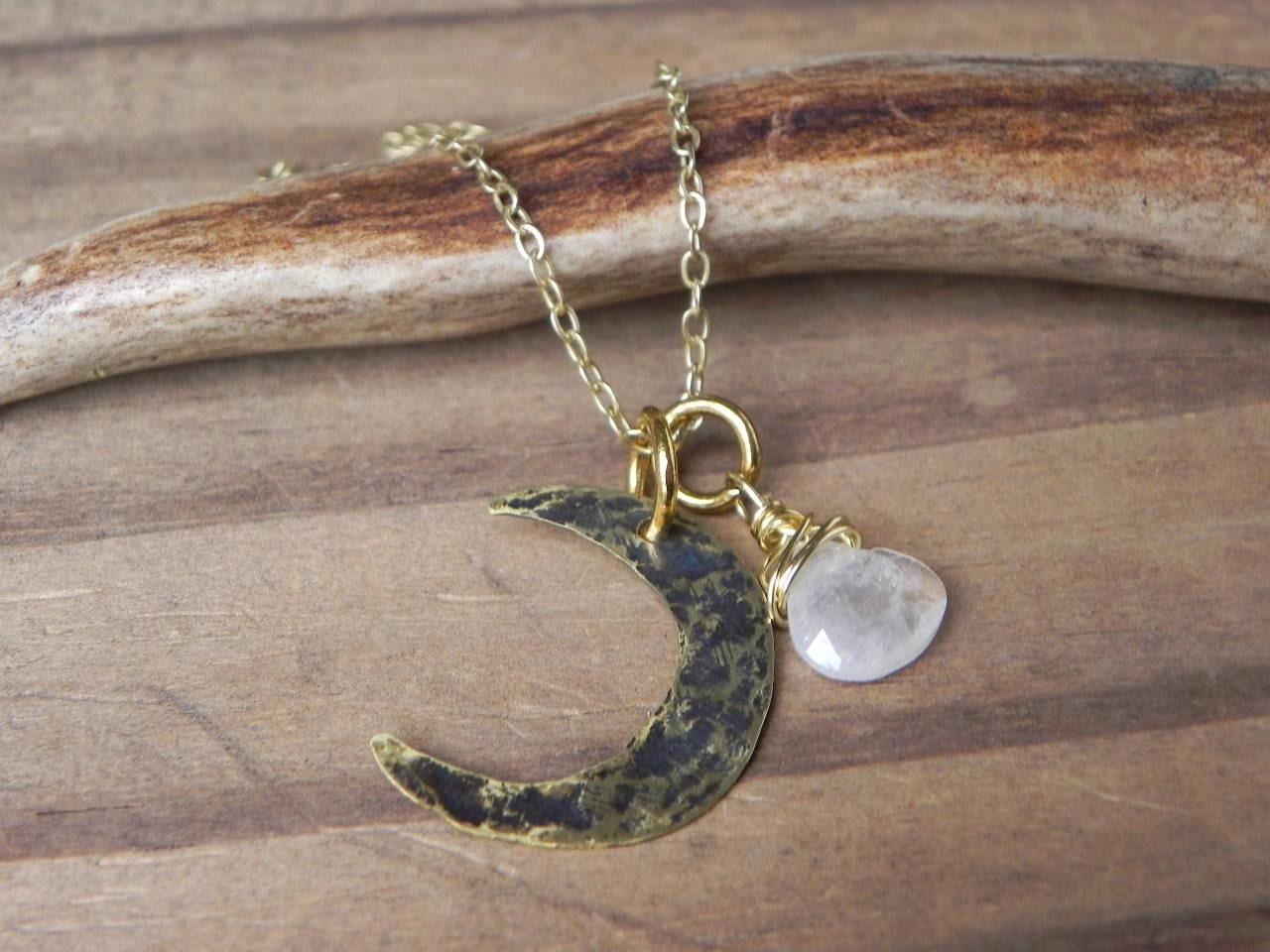 Celestial crescent moon charm necklace, moonstone beadwork necklace, Crescent moon and moonstone necklace