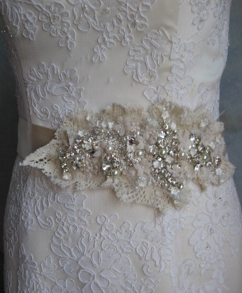 Vintage champagne bridal sash Wedding bridal sash belt Nude Ivory unique lace floral flowered rustic accessory  pearls rhinestone
