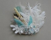 Burlap Wedding fascinator bridal hair accessory headpiece Tiffany blue Ivory lace feather rhinestone pearl wheat tulle netting