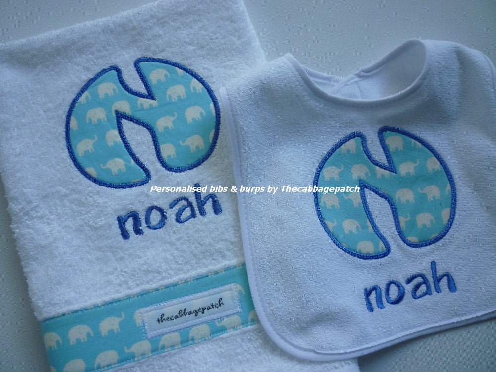 Personalised Baby bib and matching burp cloth Elephants choose pink or blue