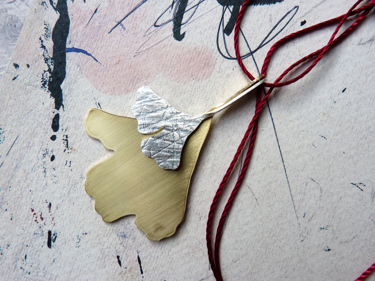 PENDANT sterling silver and gold plated brass contemporary jewelry nature leaves silhouette ginkgo biloba - Flora Collection