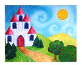 Girls Wall Art PRINT, Pink Castle, 20x16, kids room wall art, princess themed decor for girls