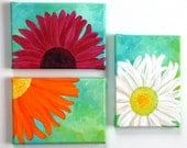 Floral Painting for Home or Office, 3 Bright Daisies, Set of 3 5x7 acrylic canvas paintings, whimsical wall decor