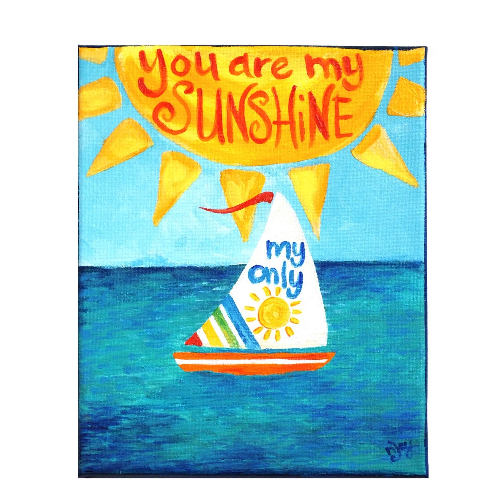 Kids wall art, YOU Are my SUNSHINE, 8x10 canvas art for childrens rooms, sailboat theme