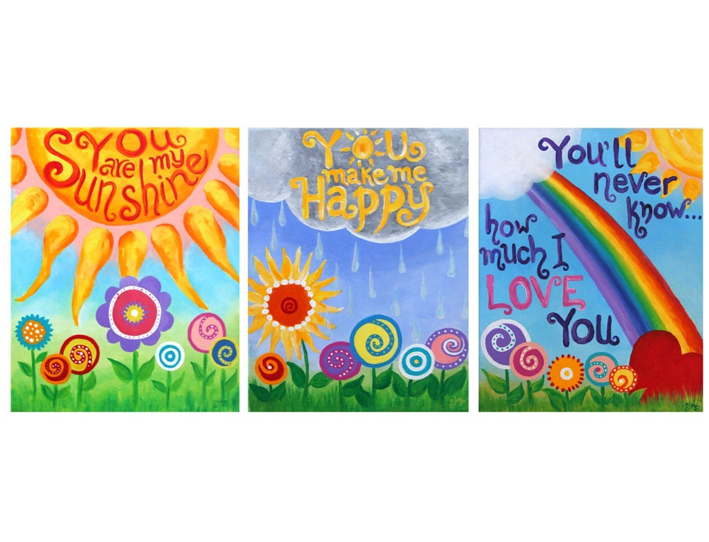 Kids Wall Art, YOU Are My SUNSHINE, CUSTOM 11x14 Painting Set of 3, Girls Nursery Art