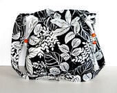 Crossbody Hobo Bag / Drawstring Purse with Adjustable Strap - Black Cotton Home Dec Fabric with White Leaves Print