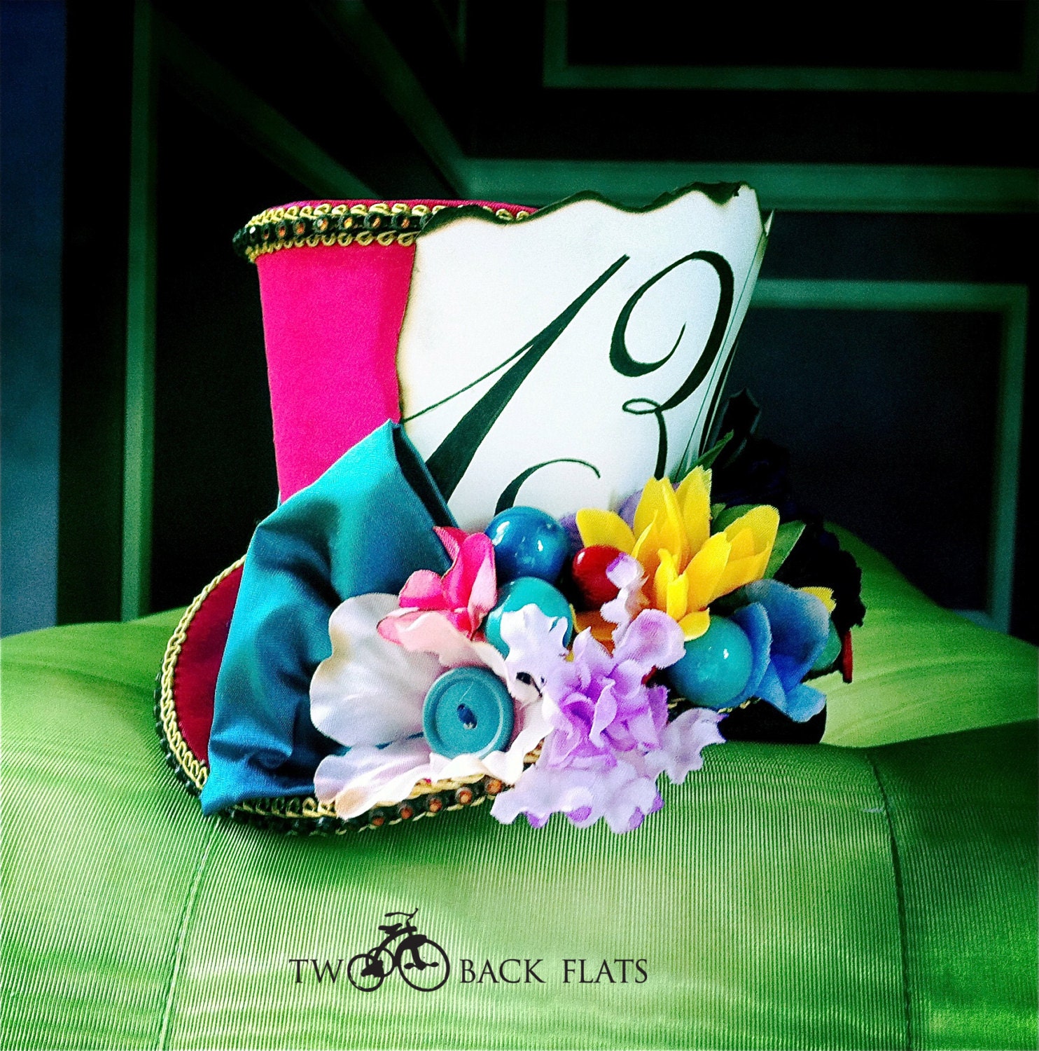 Hot pink and turquoise Mad Hatter Hat, Custom Hand Drawn 10/6 Tag, Alice in Wonderland fascinator, mini top hat, tea party hat, Hair Clip
