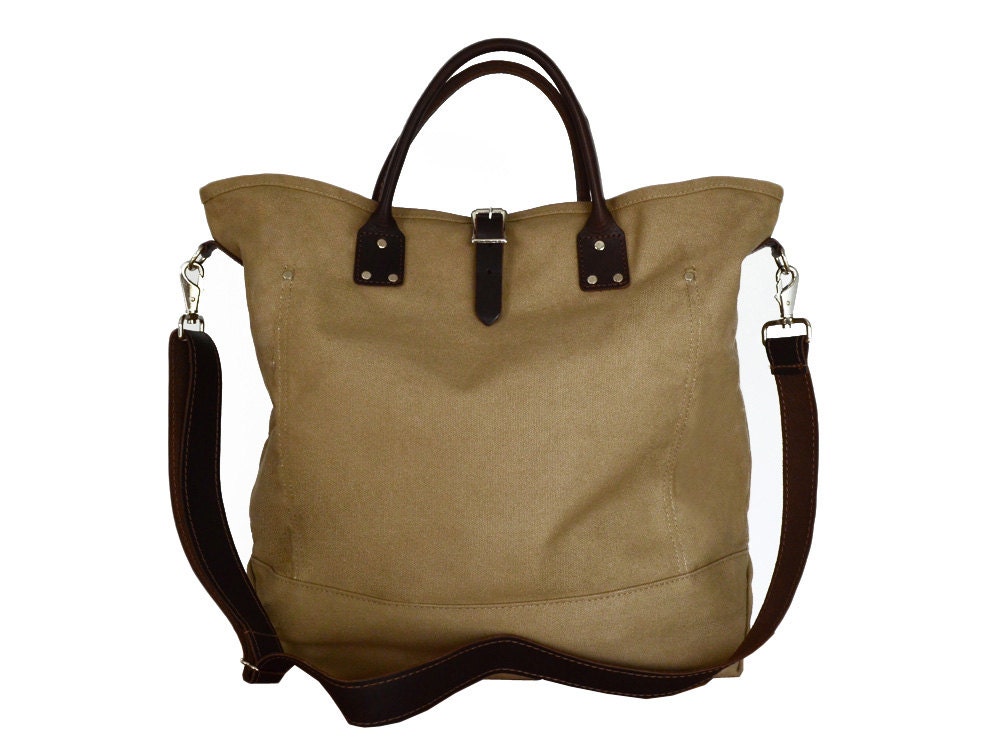 Johnny khaki duck canvas and dark brown leather tote bag