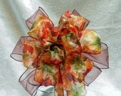 Fall/Autumn Bow fall leaves  on a sheer maroon ribbon