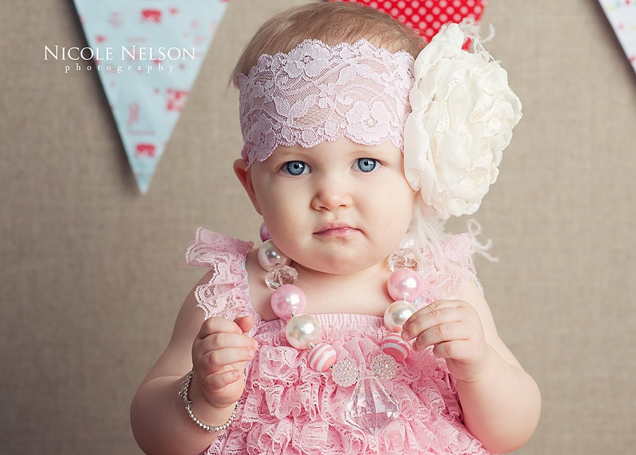 Vintage Peony Headband, handmade flower with feathers on stretch lace headband
