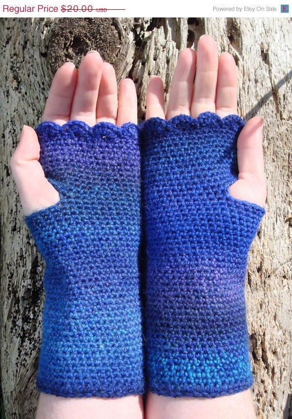 ON SALE Hand Crocheted Wrist Warmers Ocean Blue Fingerless Gloves