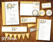 Elephant Baby Shower Customized Party Pack PDF Invitation Banner Cupcake Thank You Yellow Gray Navy or Pink Il_170x135
