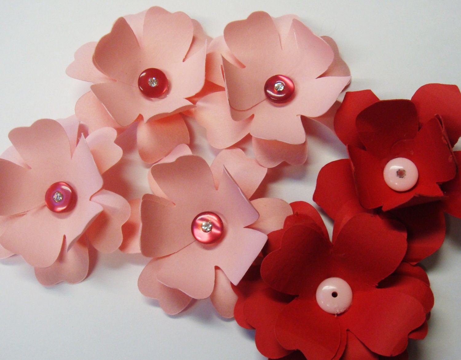 Valentines Day Paper Flower Embellishments  set of  6 Pinks and Reds