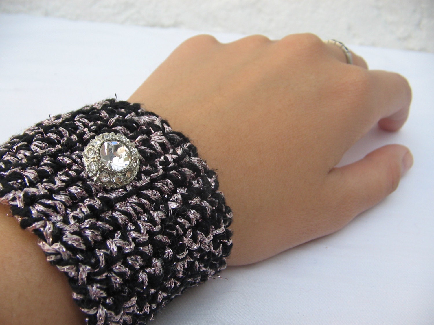 Crocheted metallic PINK and black CUFF with rhinestone