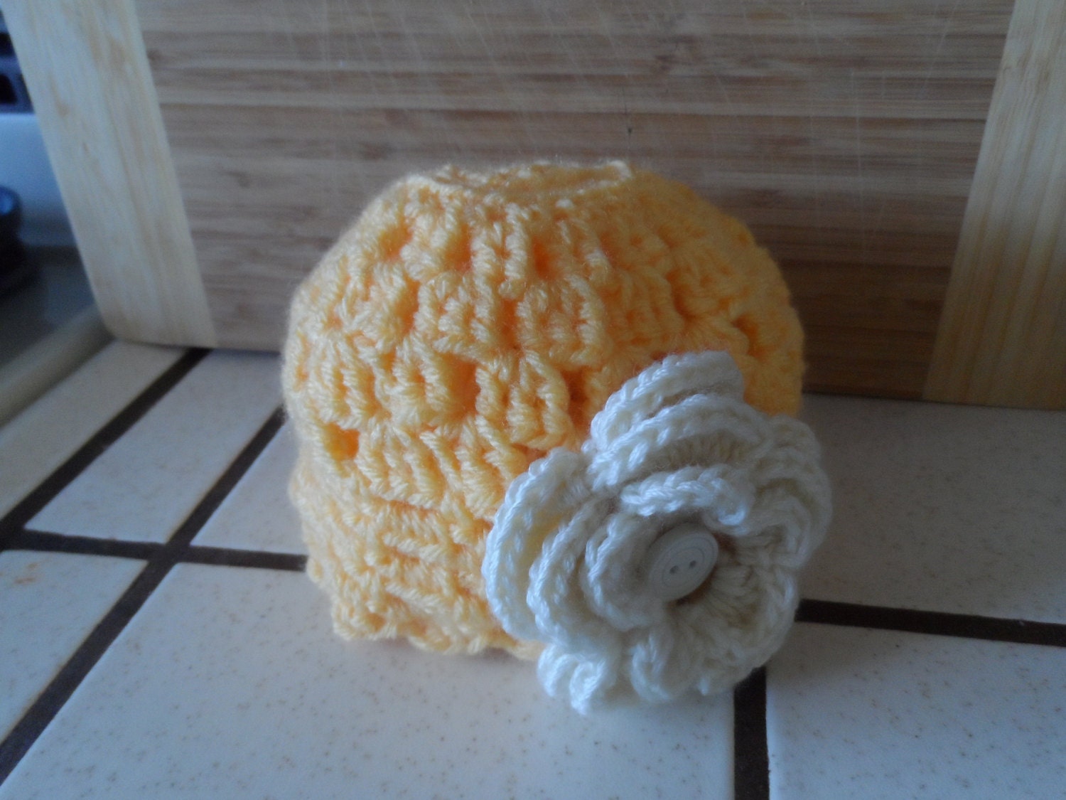 Sweet Yellow Crocheted Baby Infant Hat With White Flower
