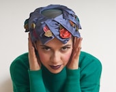 Vintage 1950s Cocktail Hat in Blue Satin Petals and Silk Floral Applique, Pasadena