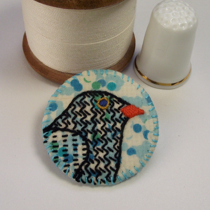 Blackbird Birdseeker Liberty Print Brooch. Pin.