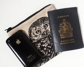 Organize Travel Passport Telephone Pouch with original Owl Screenprint