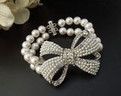 Bridal Bracelet, Rhinestone Bow Bracelet, Swarovski Pearls, Bow Brooch Bracelet,Bridal Rhinestone Bracelet,Bridal Pearl Bracelet,Cuff,ALESHA