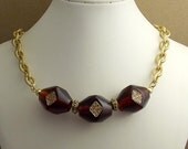 Amber Brown Bar Beaded Pendant Necklace, Thick Gold Chain