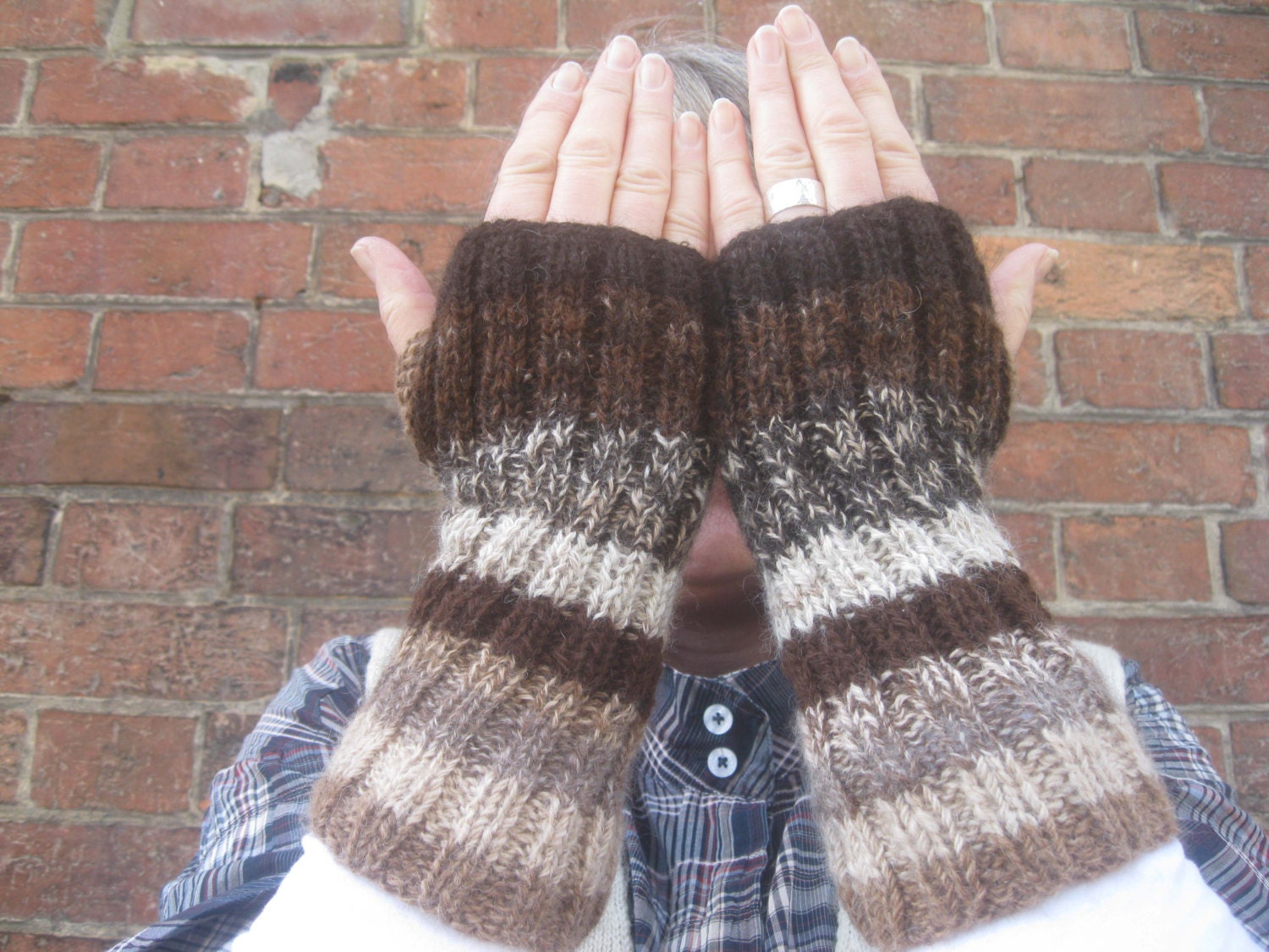 Hand spun Hand Knitted Stripey Alpaca Fingerless Mittens