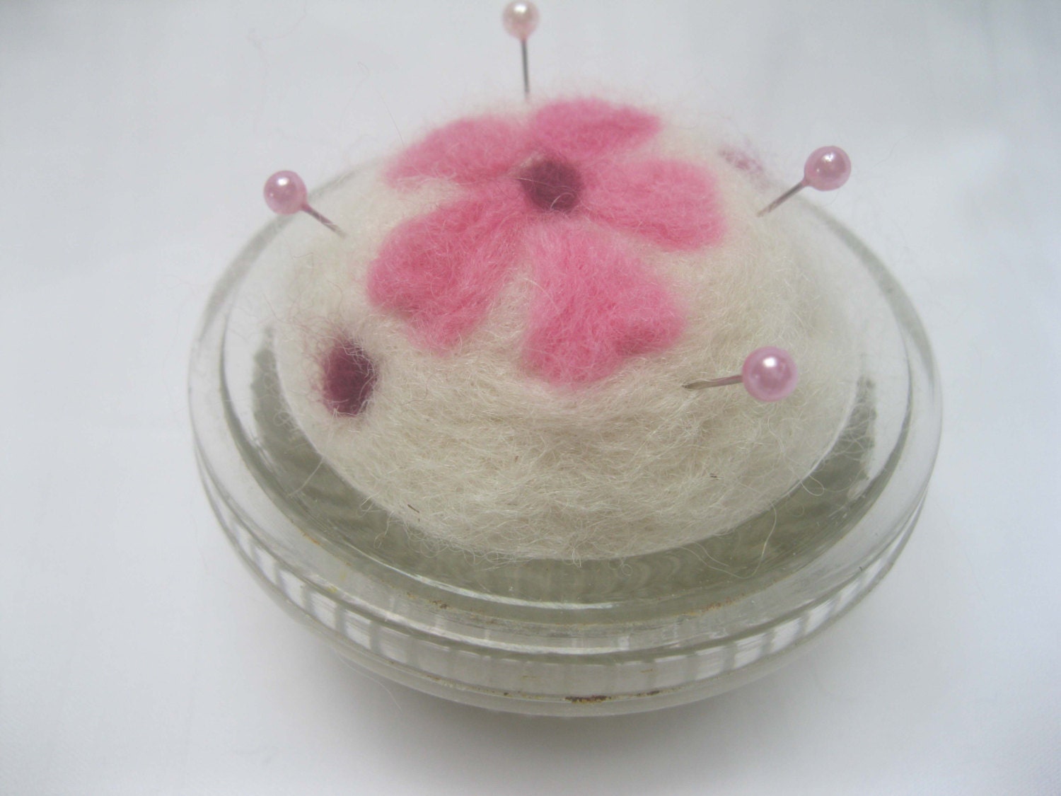 Flower Needle Felted Pin Cushion in Vintage Paste Jar