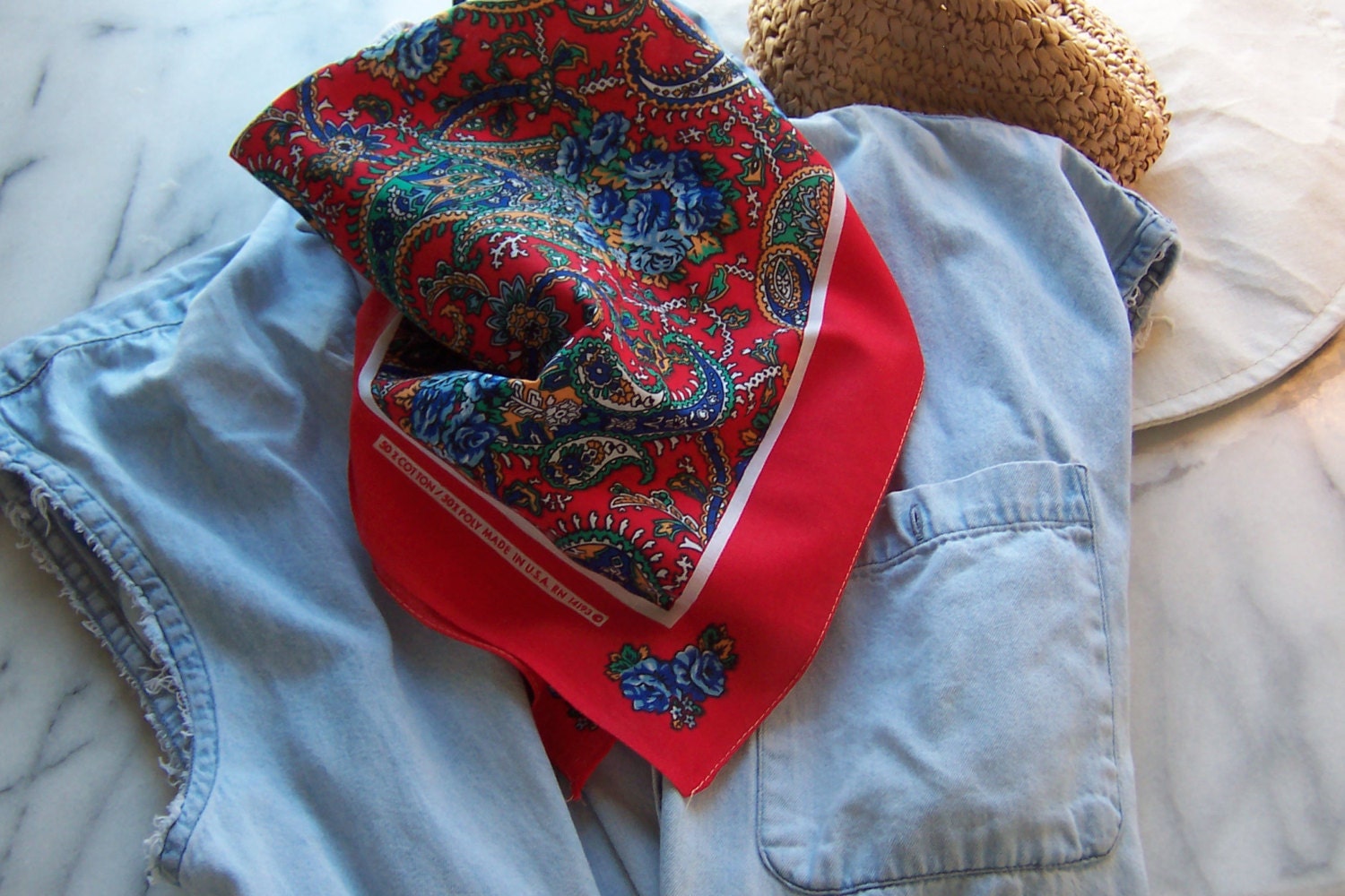 80s Bandana in Bright Red Paisley Floral Print