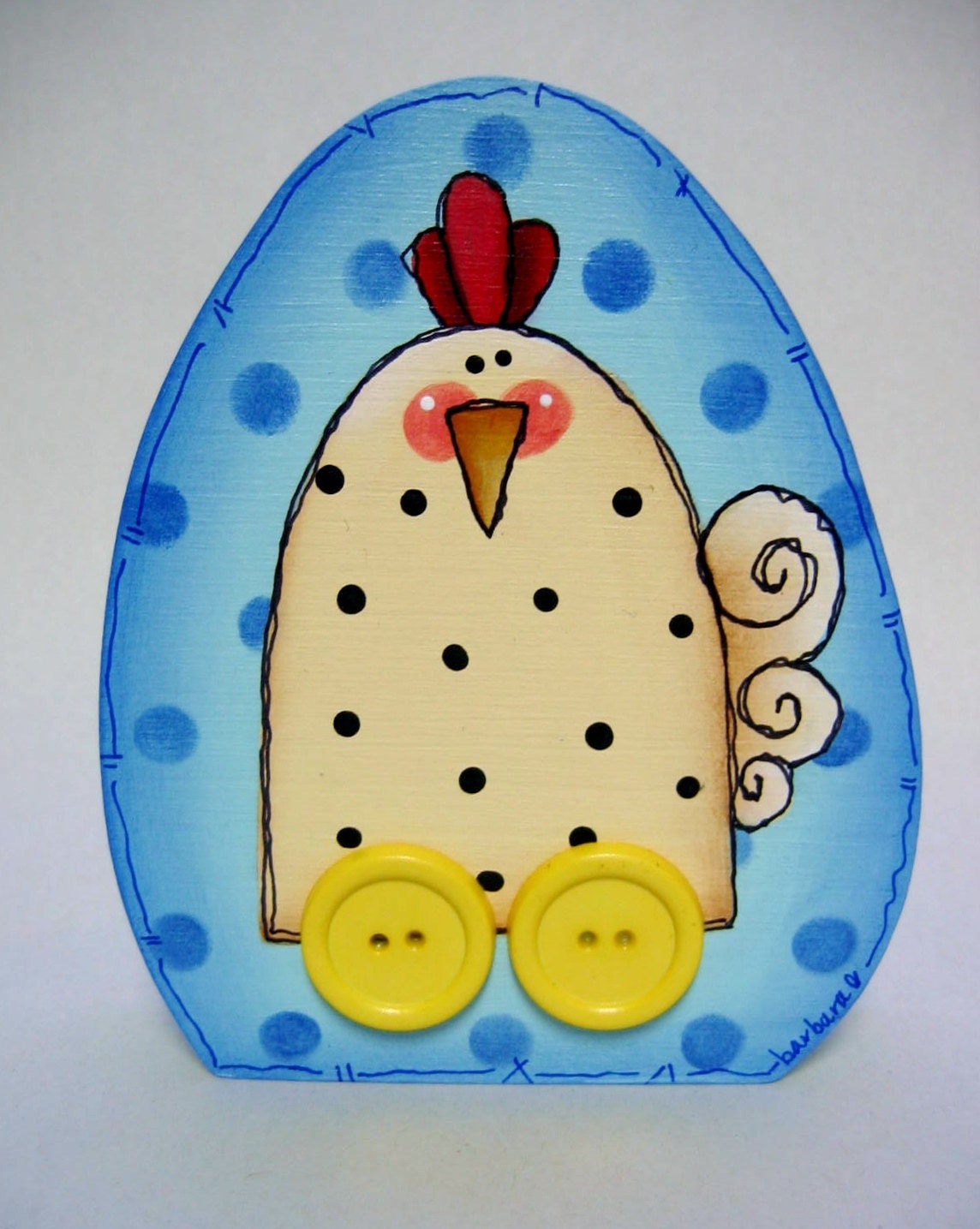 Chicken on Wheels, Wood Shelf Sitter, Egg Shaped, Tole Painted, Blue or Green Background
