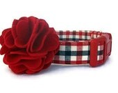 Red White Blue Dog Collar with Red Flower Accessory - American Gingham