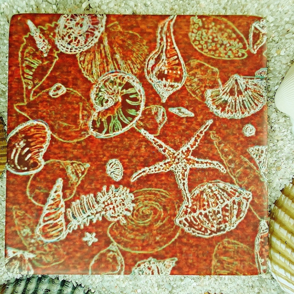 Coasters Seashells Print Ceramic Set of Four