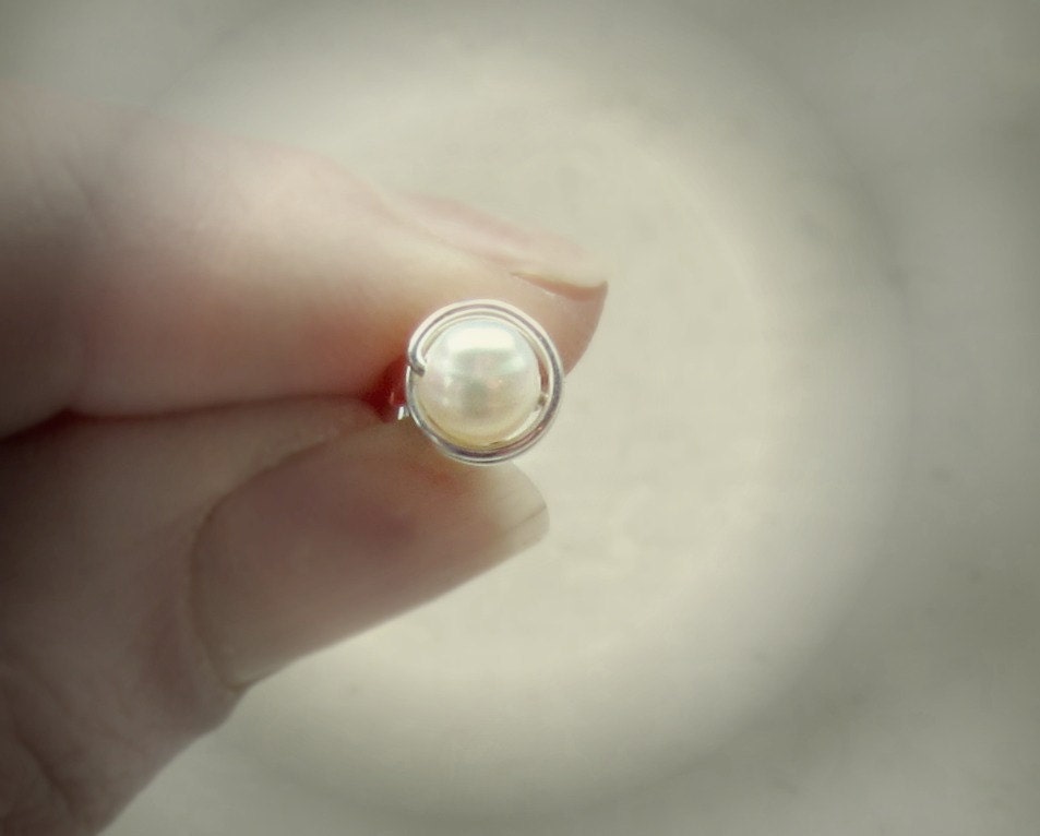 Small White Pearl Stud Earrings // Sterling Wire Wrapped Freshwater Pearls Posts