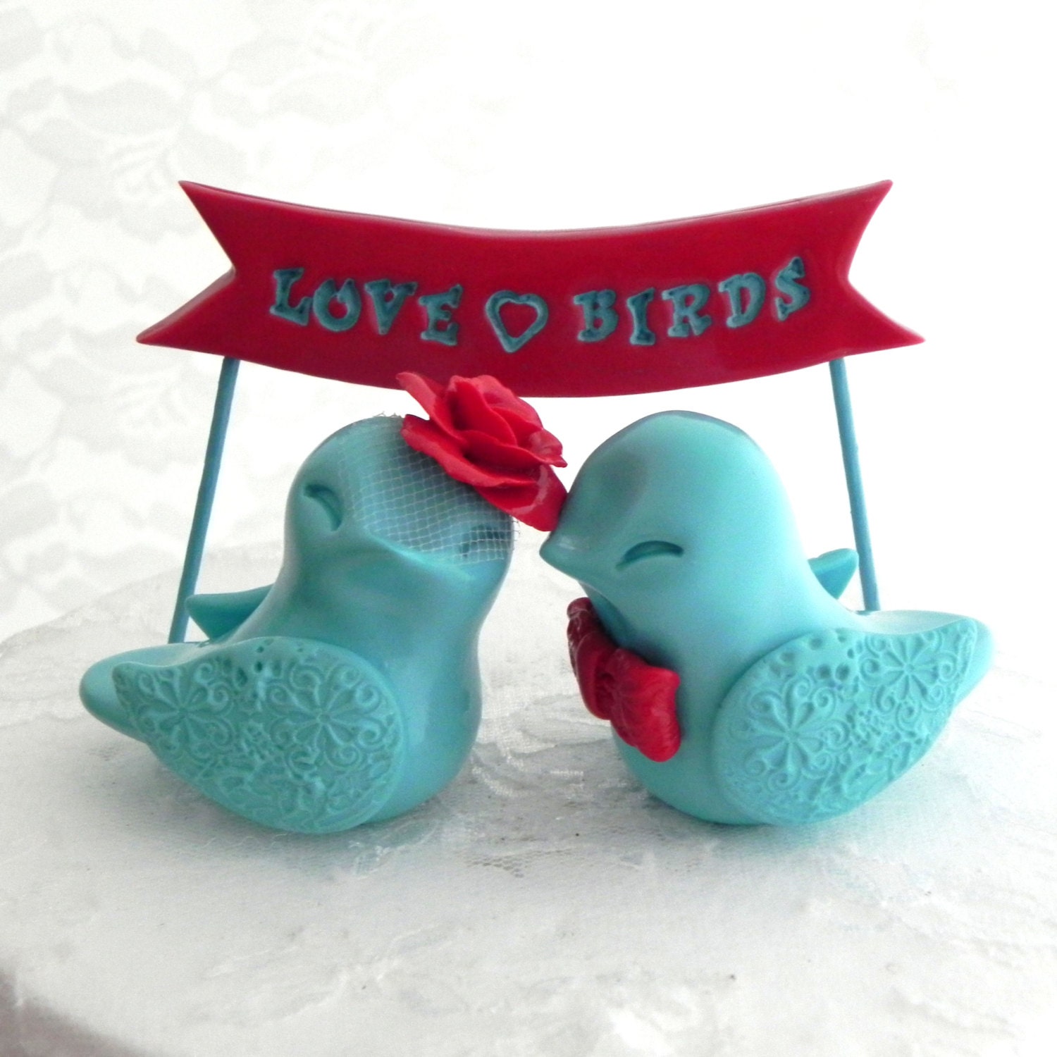 Wedding Cake Topper Love Birds, Poppy Red and Aqua, LOVE BIRD Banner - Bride and Groom Keepsake