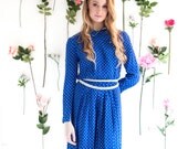 Edithe, French Vintage, 1970s Electric Blue Polka Dot Midi Dress, with Long Sleeves, from Paris