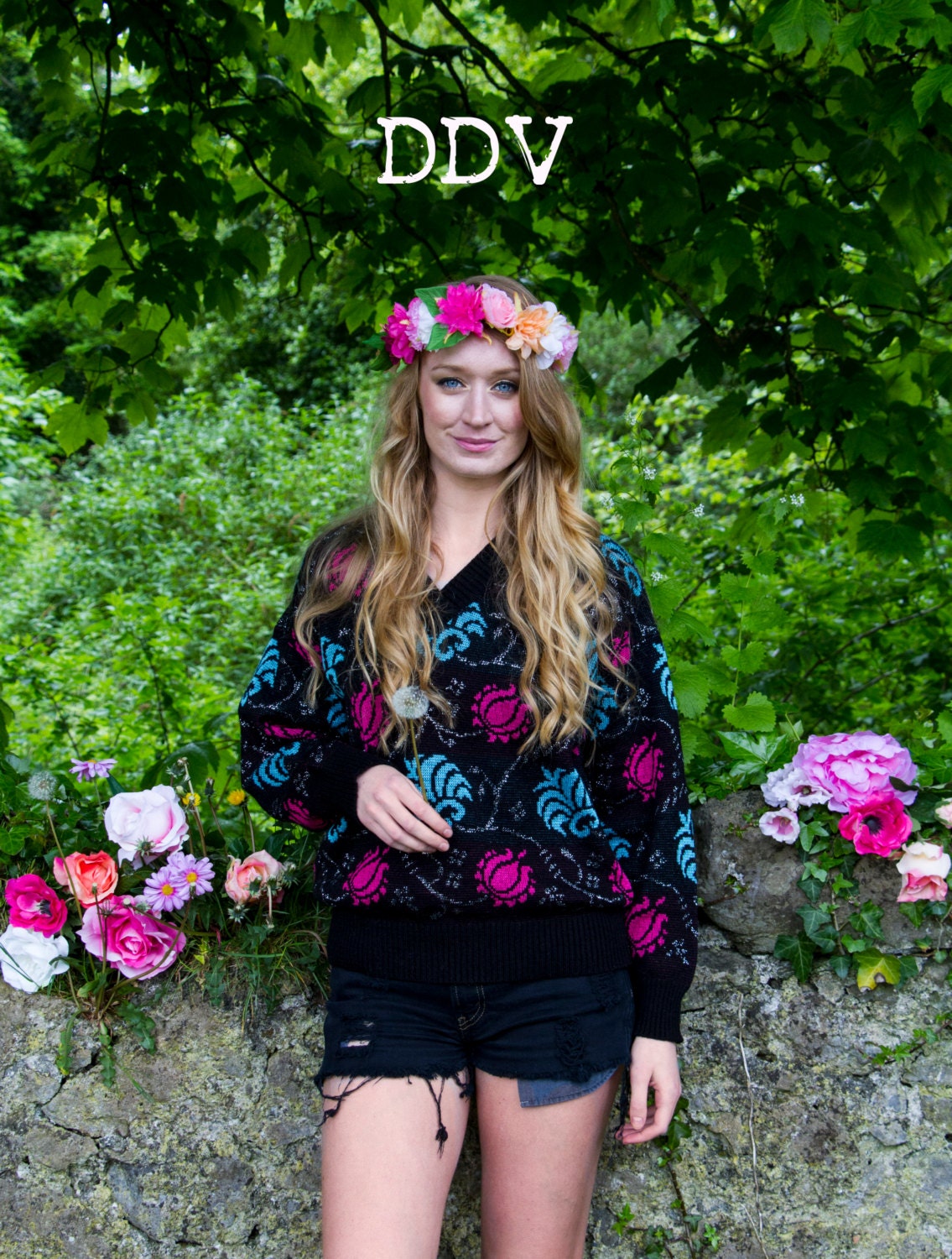 Suzie, French Vintage,1970s Black, Pink, Blue, Wool Knit Sweater, Jumper, Top, from Paris