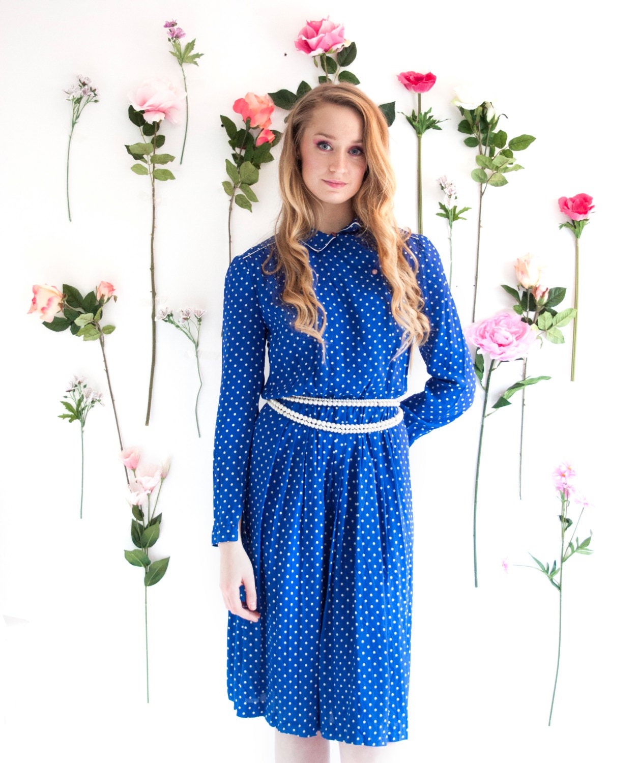 Edithe, French Vintage, 1970s Electric Blue Polka Dot Midi Dress, with Long Sleeves, from Paris
