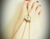 Boho Slave Barefoot Sandal Foot Bracelet Bronze Chain Bohemian Floral Turquoise Bead Double Strand Foot Jewellery Turquoise Anklet