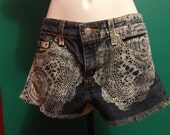 Blue Jean Cut Off LEVI shorts, hand printed with CROCHET doily Pattern, Size 5