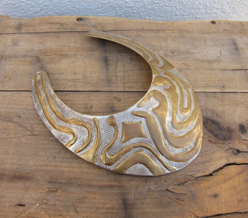 Vintage Mixed Metal Brutalist Style Cresent Moon Bib Necklace