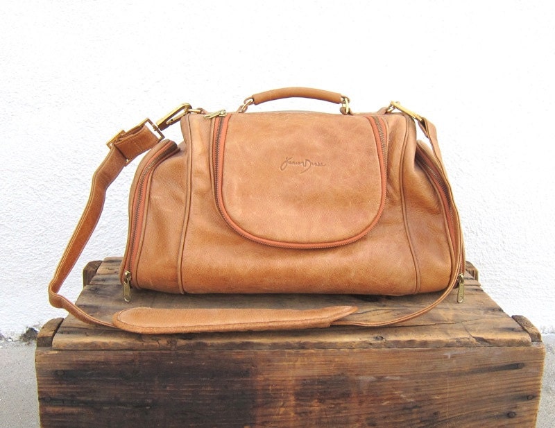 Vintage Worn In Tan Leather Duffle Travel Bag w/Shoulder Strap by Junior Drake