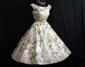 Vintage 1950's 50s White Floral Polished Cotton Party Prom Wedding Sun DRESS