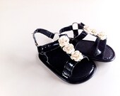 faux leather baby sandals with cream roses for newborns- free shipping