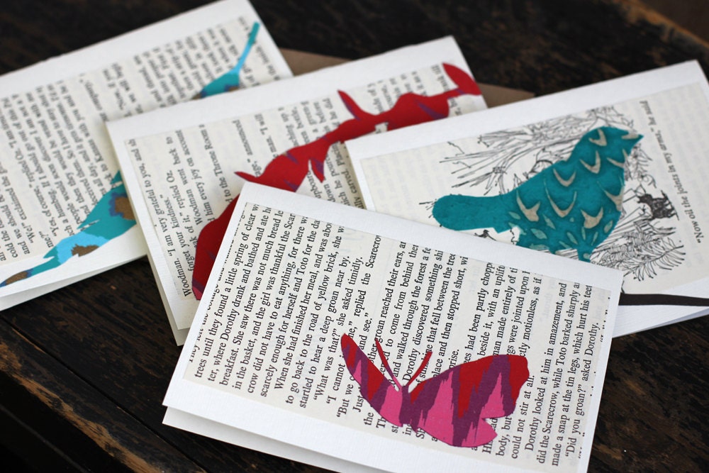Naturalist Note Cards, Set of 4 Different Folded Cards With 4 Kraft Paper Envelopes, Images of Nature Over VIntage Book Pages